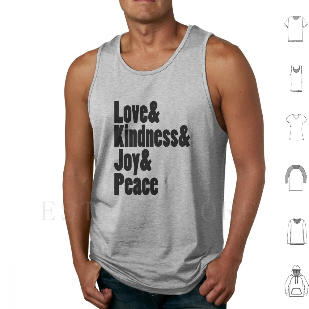 Love Kindness Joy Peace Camisetas sin mangas negras Chaleco Lista de meditación Zen Listas Love Kind Jugful Tipografía pacífica