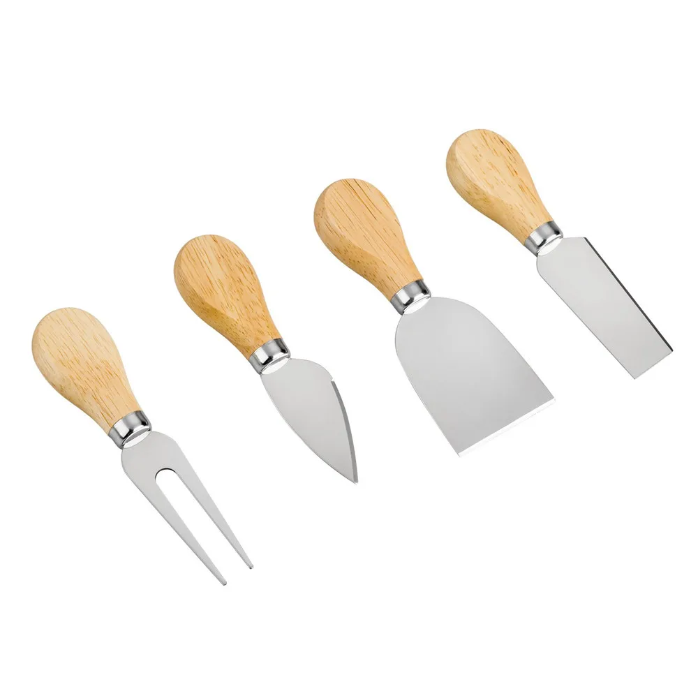 4pcs/set Cheese Knife Set Cheese Slicer Kit Stainless Steel Cheese Cutter with Bamboo Wood Handle Butter Knives Cooking Tools