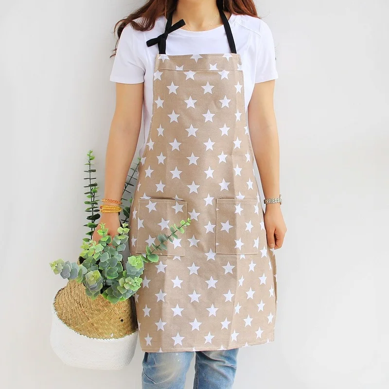 Women's Apron with Two Pockets Fashion Star Pattern Cotton & Canvas Aprons for Women Chef Kitchen Cooking Grill and Baking, L