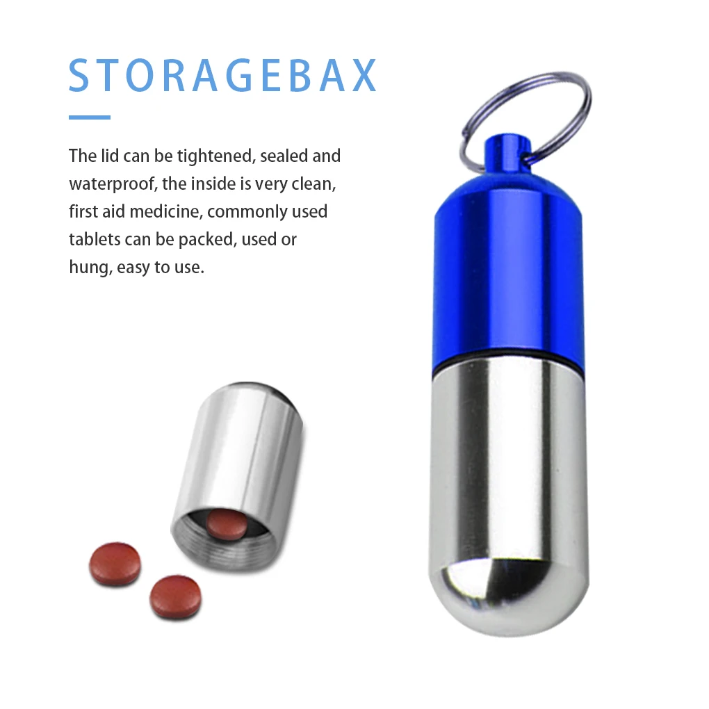 Mini Pill Box Portable Emergency Regular Pills Storage Case Aluminum Container with Keyring Silver Blue