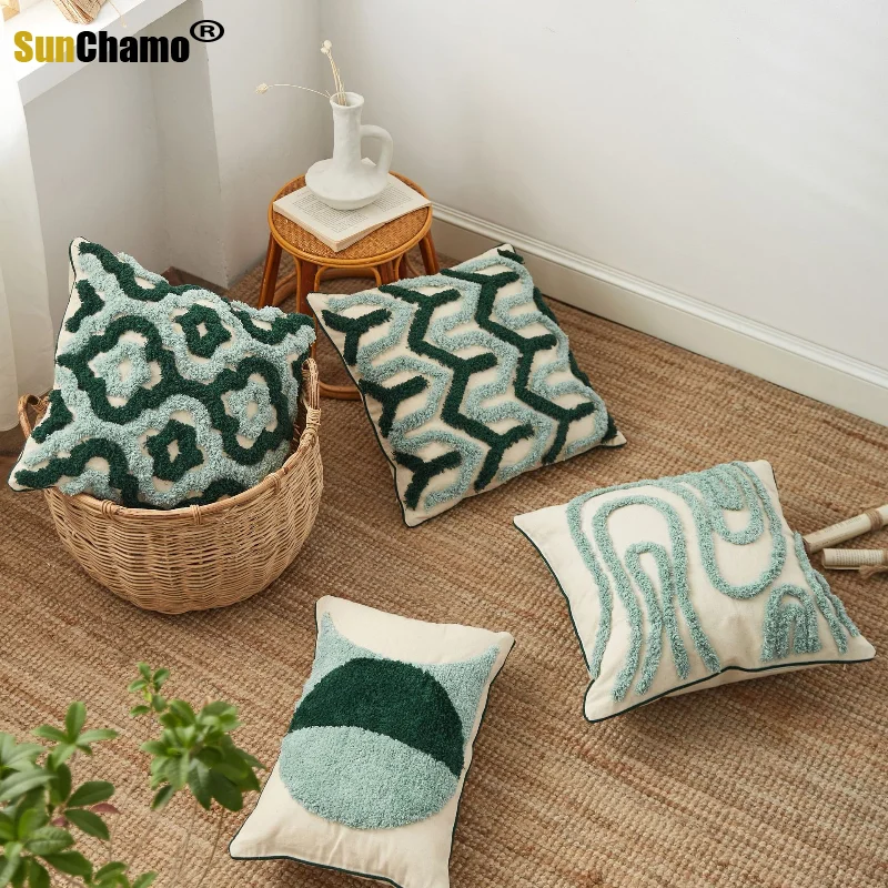 

Green Handmade Geometric Embroidery Cushion Cover Tassels Home Decor Pillow Cover 30x50cm/45x45cm PillowCase Pillow Sham