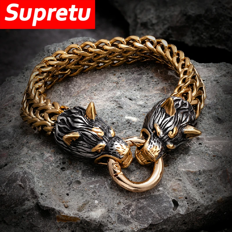 Vikings Celtic Wolf Bracelets Men Stainless Steel Mesh Chain Bangle Punk Norse Wolf Head Amulet Scandinavian Jewelry Male Gifts