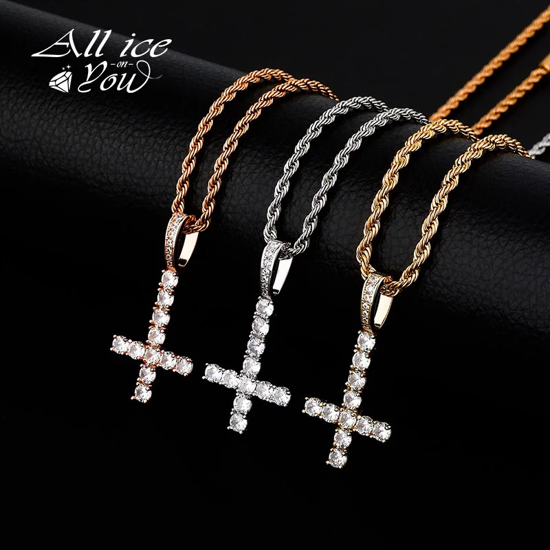 ALLICEONYOU New High Quality Iced Out Cubic Zircon Fashion Cross Crystal Pendant&Necklace Hip Hop Fashion Jewelry Female Gift