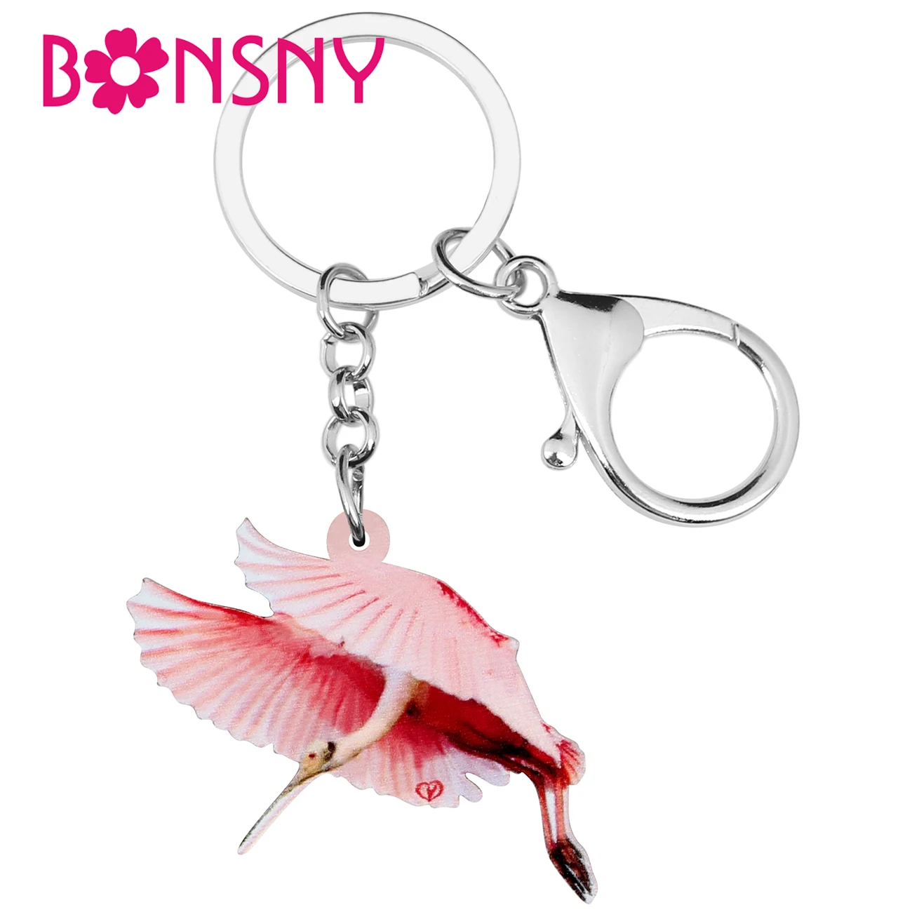 Bonsny Acrylic Flying Red Spoonbill Keychains Bird Animal Keyring Jewelry For Women Girl Men Charm Party Gifts Wallet Decoration