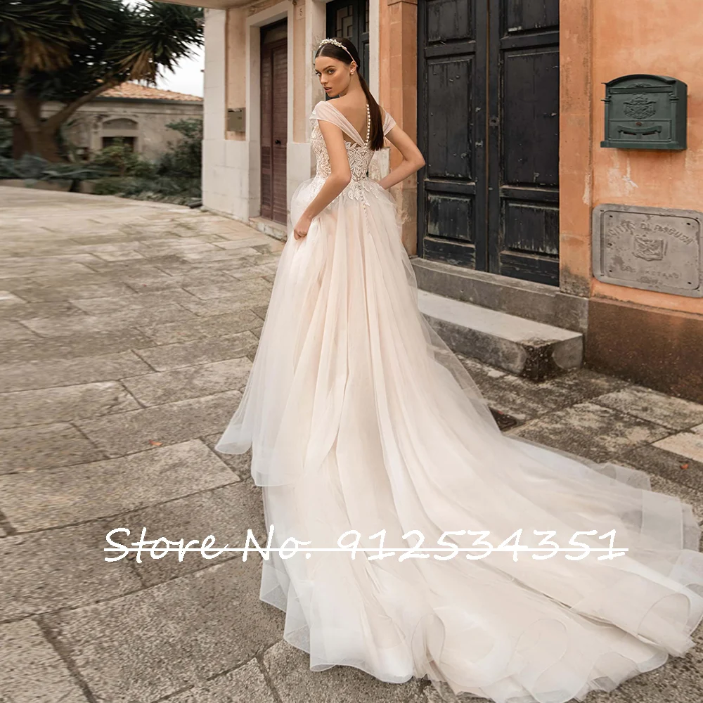 Áo Dây Mariage Cổ Tròn Voan Áo Cưới Chiếu Trúc Hạt Appliques Vintage Abito Da Sposa Ảo Giác Lưng Sang Trọng Sukienka Áo Dài Cô Dâu