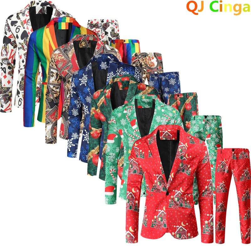 Red Printed Two-piece Men\'s Christmas Suit (Jacket + Pants) Stylish Male Blazer Coat with Trousers Black Green Blue S-4XL