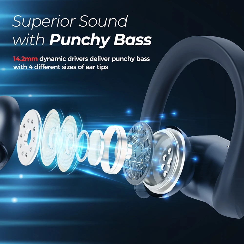 Mpow لهب لايت سماعات لاسلكية الرياضة بلوتوث سماعات مع باس زائد الصوت IPX7 مقاوم للماء التحكم باللمس الأذن سماعة أذن خطافية