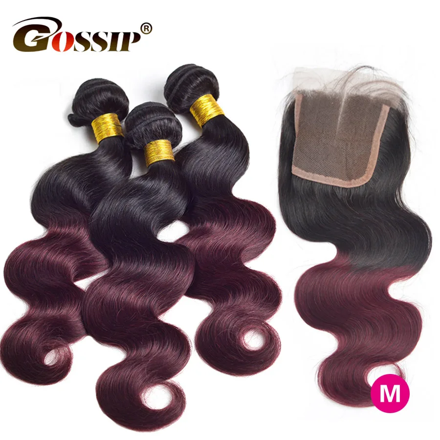 T1B/99J Burgundy Brazilian Hair Weave Bundles With Closure Gossip Brazilian Body Wave Human Hair With 4x4 Closure Non-Remy Hair