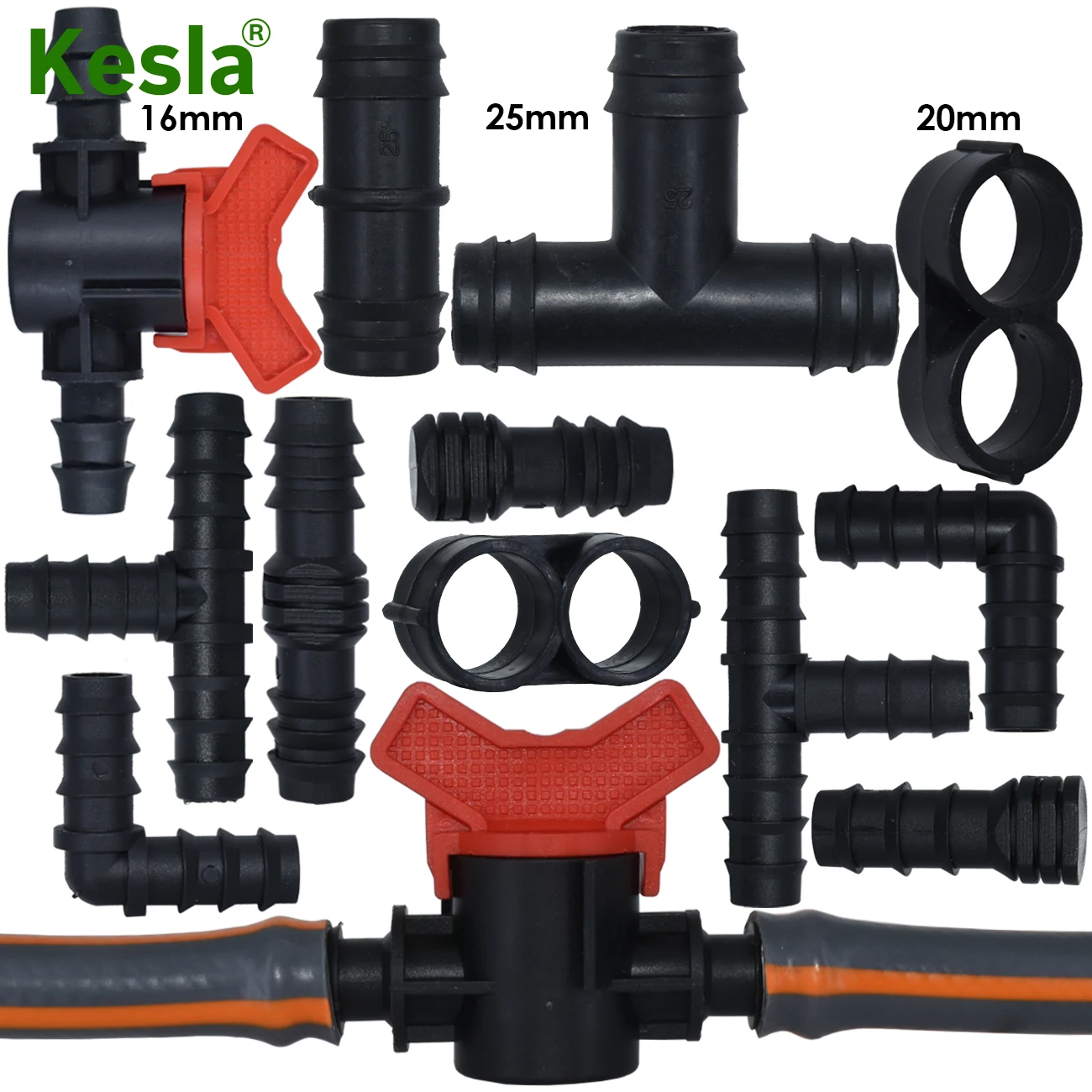 KESLA 16 20 25mm Garden Irrigation Tubing Barbed Connector Fitting Tee Elbow Couplings End Plug Micro Drip Adapter for Garden