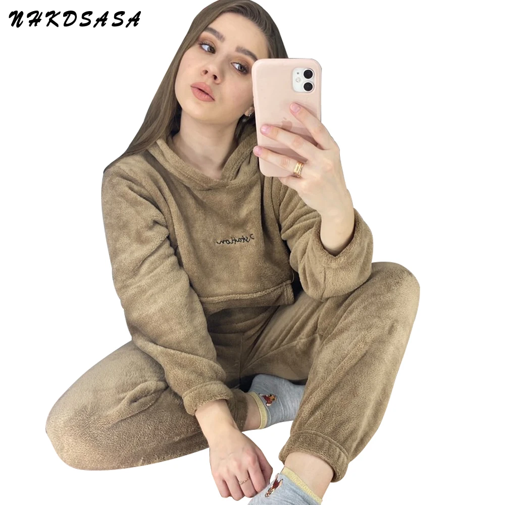 Women Winter Flannel Pajama Set Fleece Pajamas Sleepwear Homewear Thick Warm Velvet Female Suit Fall Sweatshirt Ladies Pyjama