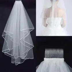 With Comb Elbow Elegant White Ivory 2T Wedding Bridal Veil Satin Edge