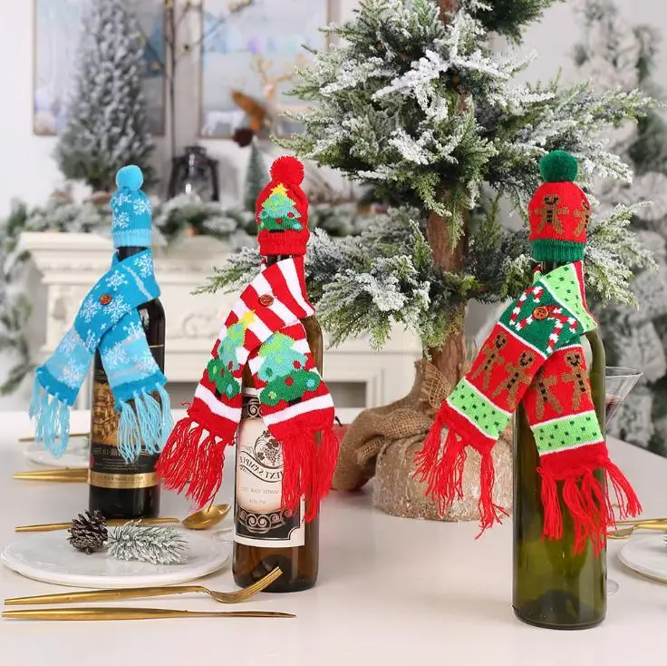 

New Knitted Scarf Button Wine Bottle Cover Christmas Ornaments Gingerbread Man Snowflake Tree Scarf Hat Cover Wholesale