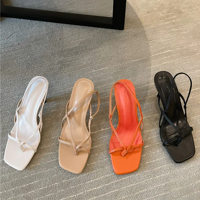 2023 Summer New Arrival Women Thin High Heels Sandals Designer Orange White Medium Heels Flip Flops Sandals Female Party Shoes