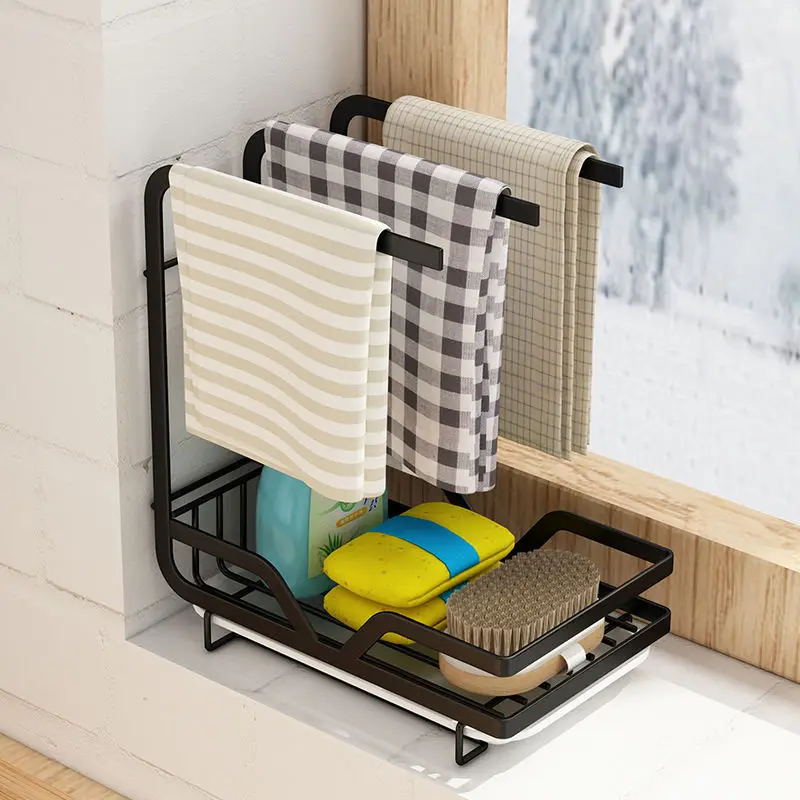 

Bathroom Metal Drain Countertop Wall Storage Shelf Kitchen Dishcloth Cleaning Brush Artifact Household Cleaning Appliances Rack