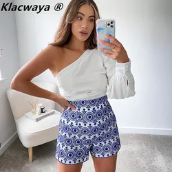 Klacwaya – Short taille haute brodé bleu et blanc pour femme, accessoire de mode pour dame, avec fermeture éclair latérale, style bobo et vintage, collection 2021