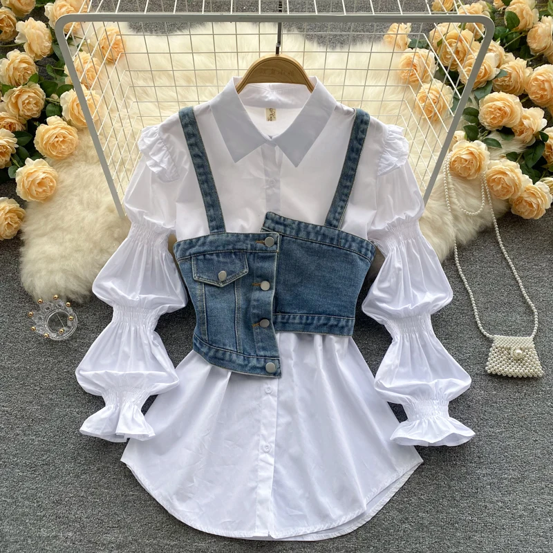 Western Style Irregularly-breasted Denim Straps Loose Lapels Mid-length White Shirts Fashionable Two-piece Women's Clothing