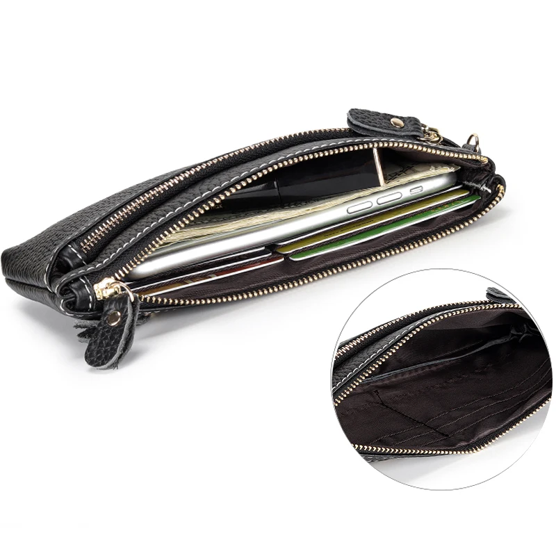 Pochette en cuir véritable pour femme, porte-cartes, porte-cartes, porte-monnaie, porte-monnaie, fermeture éclair, poche pour téléphone,