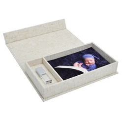 Linen Photo Print Box With USB Flash Drive Slot Photographer Gift Custom Logo on Cover
