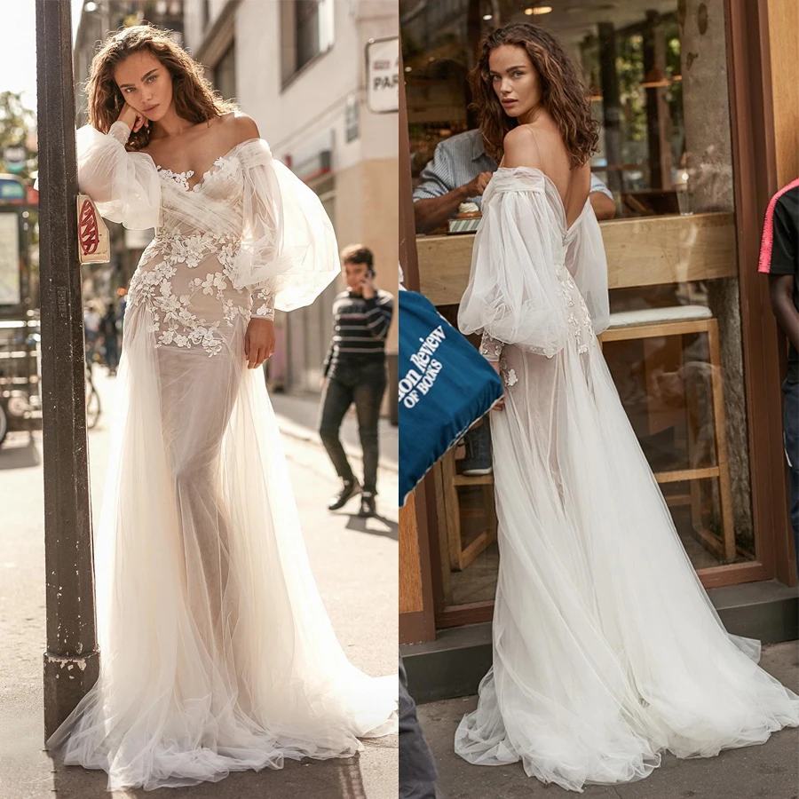 

Off the Shoulder Puff Long Sleeves Crisscross Tulle Sheath Wedding Dress with Lace Applique Bridal Dress traje de novia