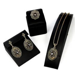 Sunspicems Vintage Bohemia Style Women Earring Necklace Ring Sets Antique Gold Color Turkish Indian Gray Crystal Jewelry Sets