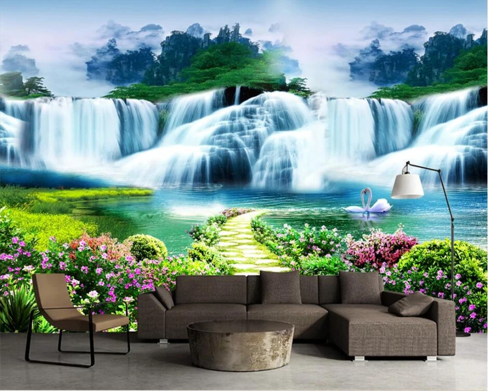 Custom wallpaper 3d flower bush path waterfall landscape scenery living room bedroom background painting papel de parede обои 3d