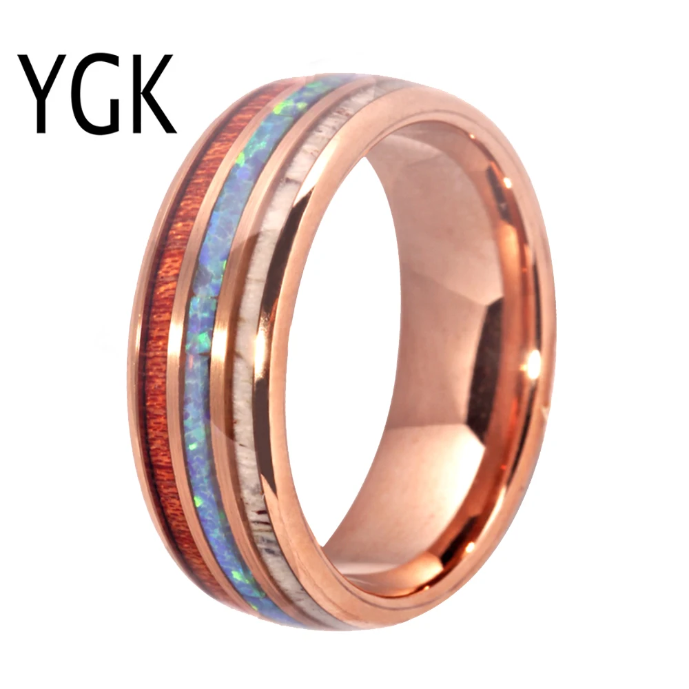 Ring For Women Classic Rose-Gold Tungsten Carbide Ring Blue Fire Opal & Antler & Wood Inlay Wedding Engagement Ring