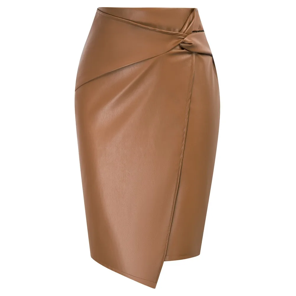 KK Women PU Leather Pencil Skirt OL Short Knee Length Knot-Front Hips-Wrapped Skirt High Waisted Female Harajuku Streetwear