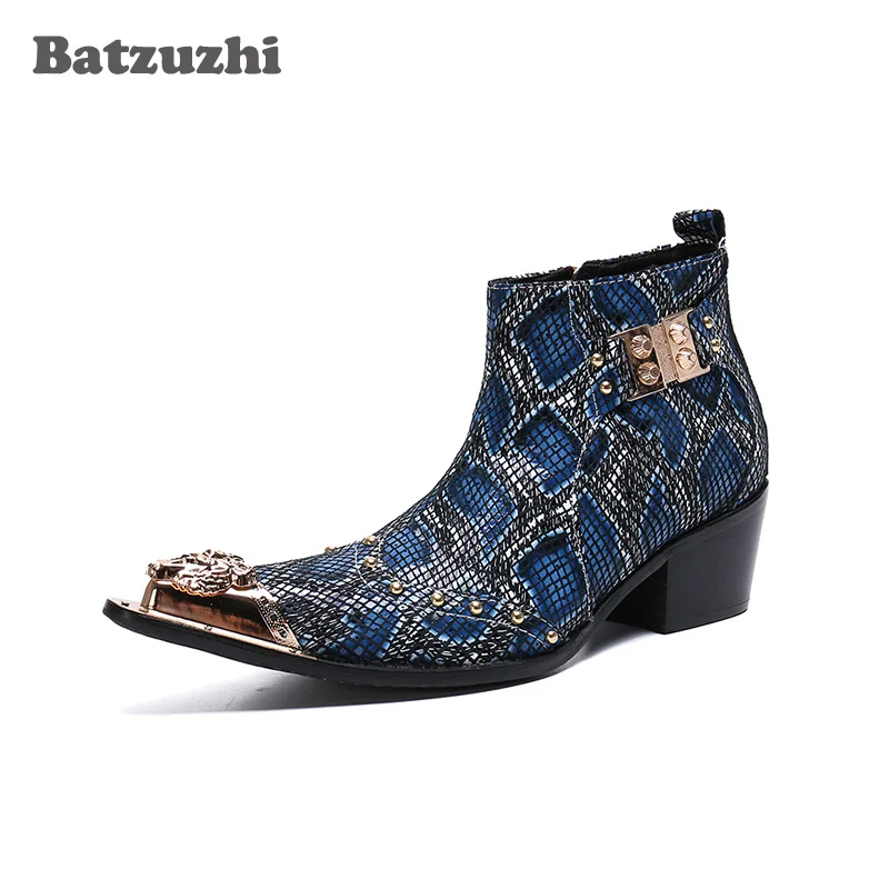 

Batzuzhi Iron Toe Leather Dress Men Boots 6.5CM Heels High Increased Boots Men Blue for Man Party Runway Bota Masculina! US6-12