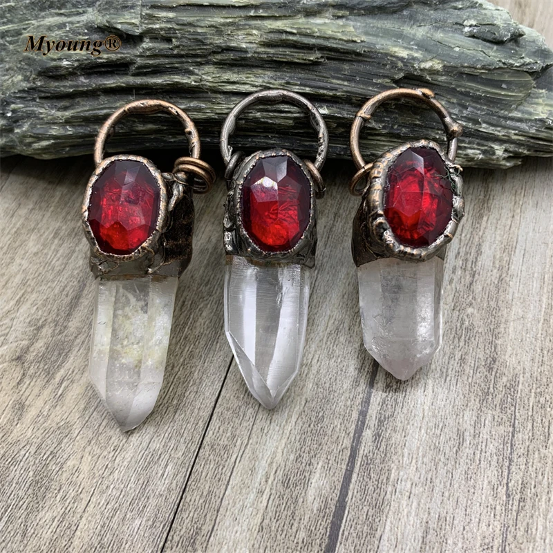 

5PCS Soldered Bronze Natural White Crystal Stick Point Vintage Pendant Red Glass Bead Paved Boho Necklace Jewelry MY210742