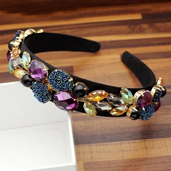 Vintage Baroque Black Purple Rhinestone Hairbands Flower Crystal Headbands For Women Luxurious Hair Accessories Jewelry