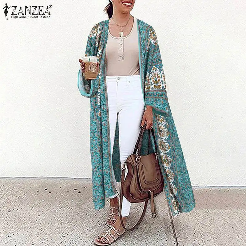 ZANZEA Summer Vintage Floral Printed Blouse Women Beach Cardigan Bohemian Long Sleeve Open Front Holiday Kimono Loose Long Shirt