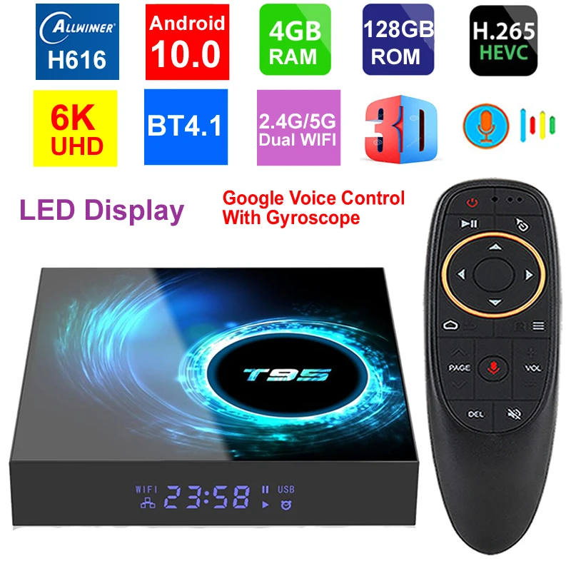 

T95 6K Smart TV Box Android 10.0 Allwinner H616 Quad Core 4GB 128GB 2.4G/5G Dual WIFI HDR H.265 6K Media player Set top box