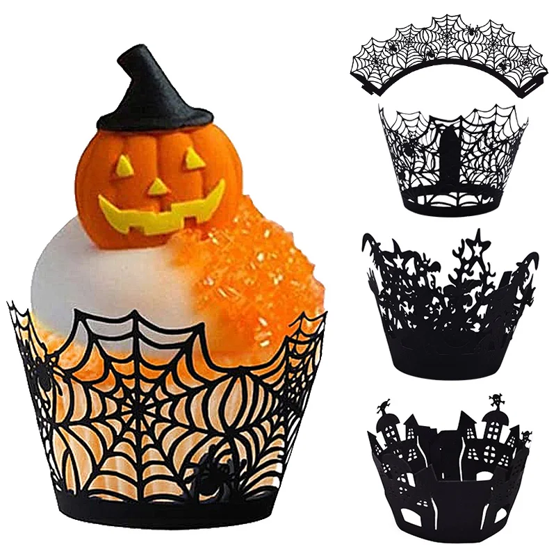 25Pcs Halloween Cupcake Wrapper Baking Cup Hollow Out Paper Cake Wrapper Witch Spiderweb Castle Halloween Decoration