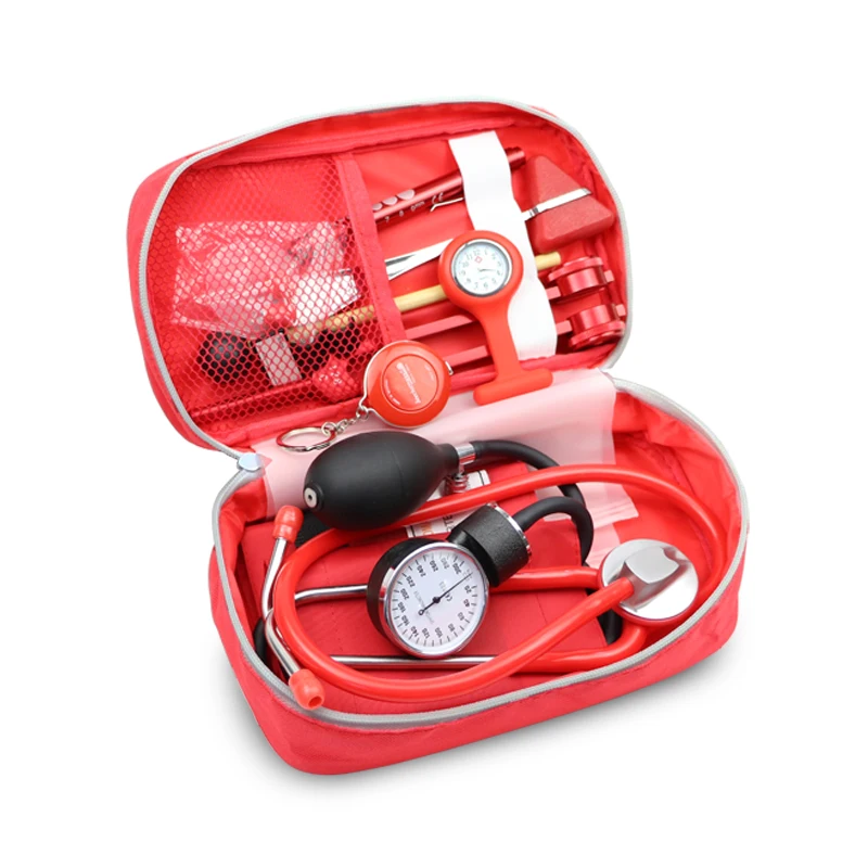 Red Medical Kit Health Monitor Bag Pouch Set with Stethoscope Manometer Tuning Fork LED First Aid Penlight Torch Reflex Hammer