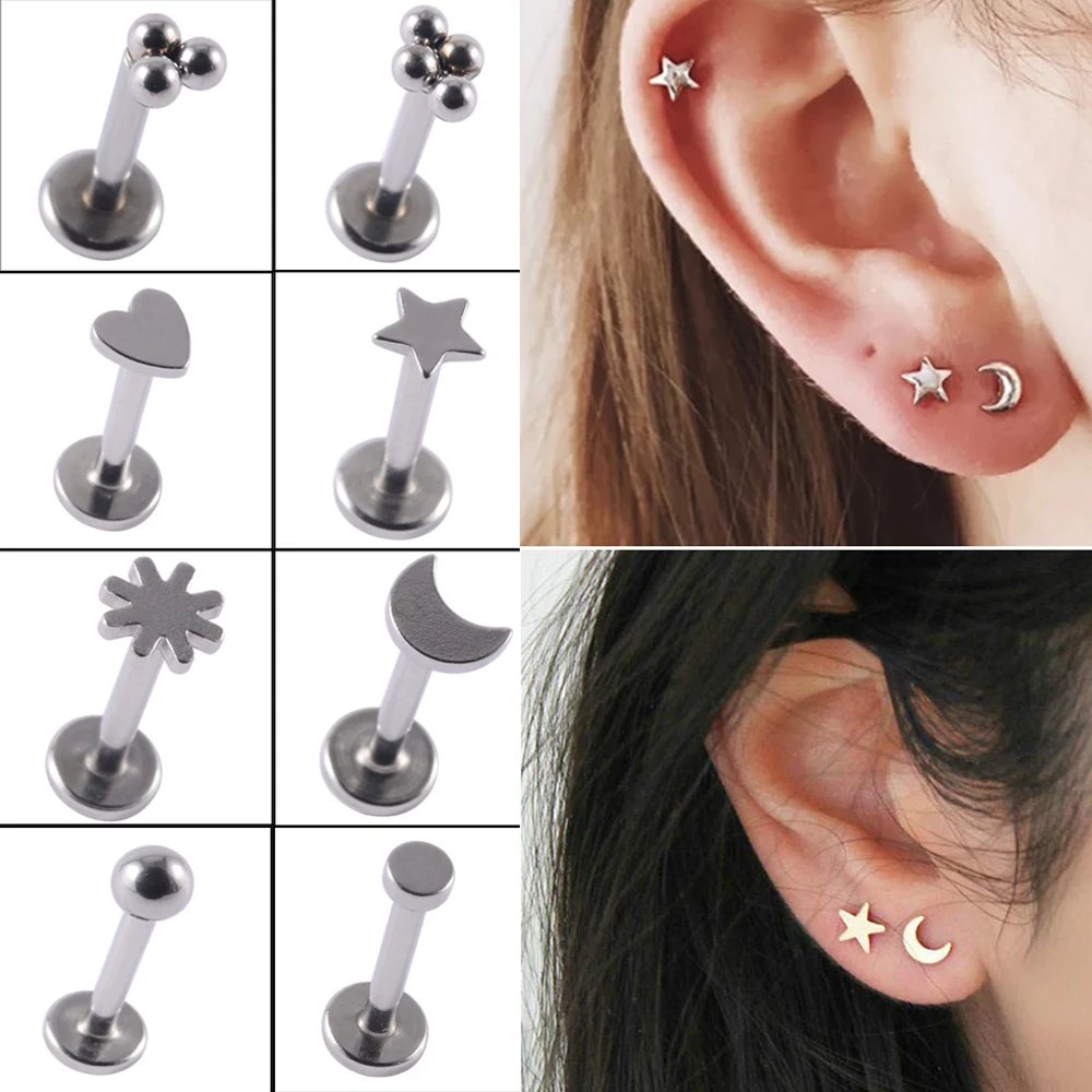 2PCS Surgical Steel Heart Ear Tragus Cartilage Piercing Mix Shape Labrets Lip Stud Ring Ball Lobe Earrings Body Piercing Jewelry