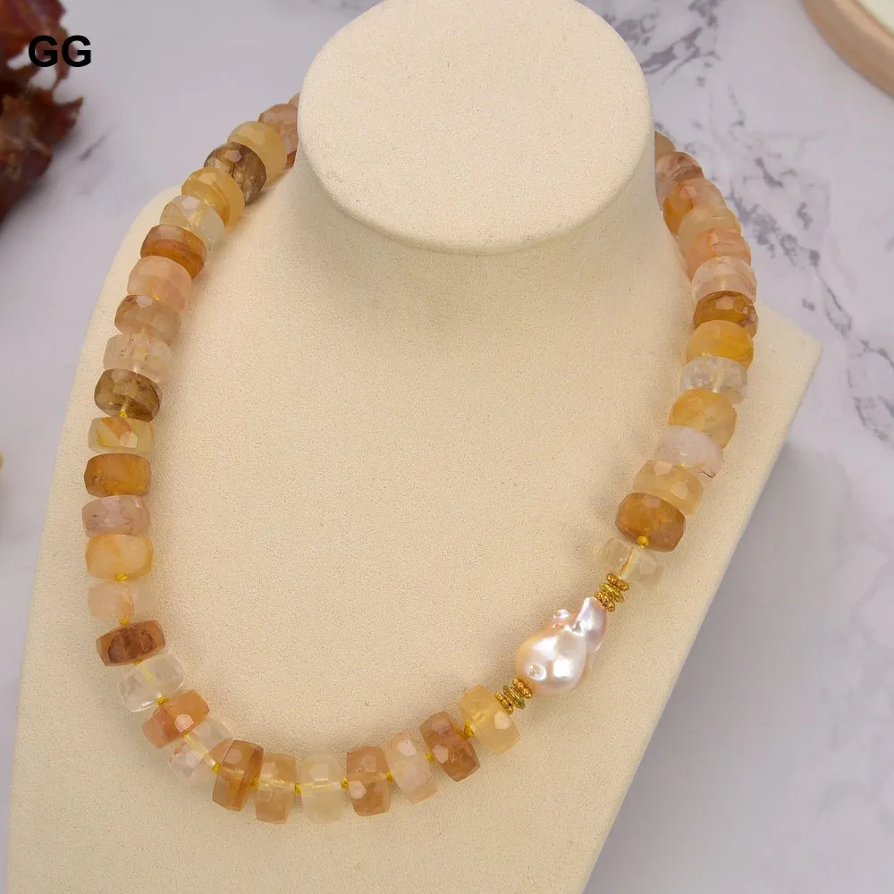 

GuaiGuai Jewelry 20" Brazilian Golden Quartz Faceted Rondelle Wheel Pink Keshi Pearl Necklace