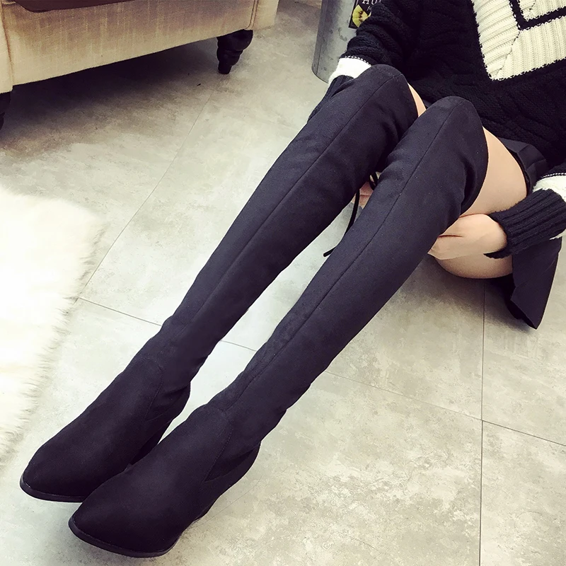 Soft Leather Over The Knee Boots Women High Heels Winter Boots Fashion Riband Black Women Boots Pointed Square Heel Female Shoes