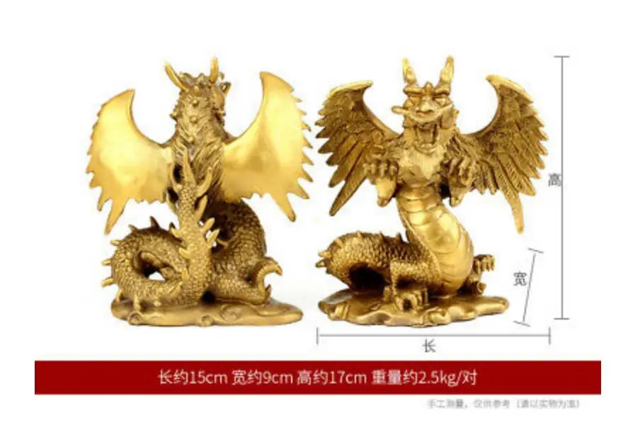 Chinese brass cooper-plating pure hand-carved zodiac dragon statue pair