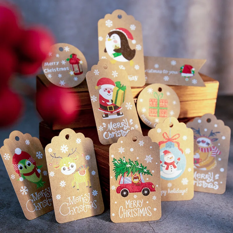 50pcs Merry Christmas Thank you Kraft Paper Tags Xmas tree Hanging Label Navidad new year Party Gift Card Decorations for Home