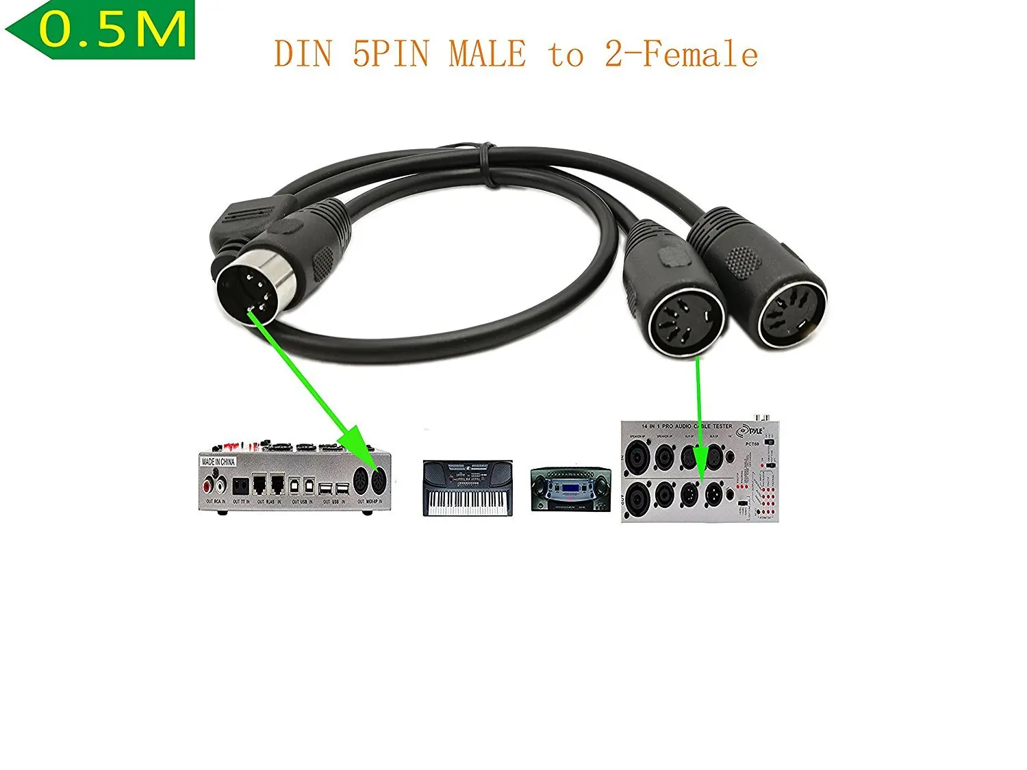 DIN 5-Pin Splitter Y Adapter MIDI Cable, MIDI 5 Pin Male to Dual 2 x DIN-5 Female Extension Audio Cable (D5P M-2F,0.5meter)