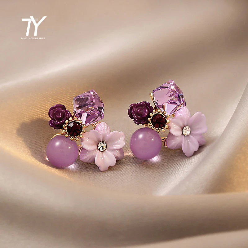 Noble Purple Crystal Flower Stud Earrings For Woman 2023 Korean Fashion Jewelry Wedding Party Girl's Elegance Set Accessories