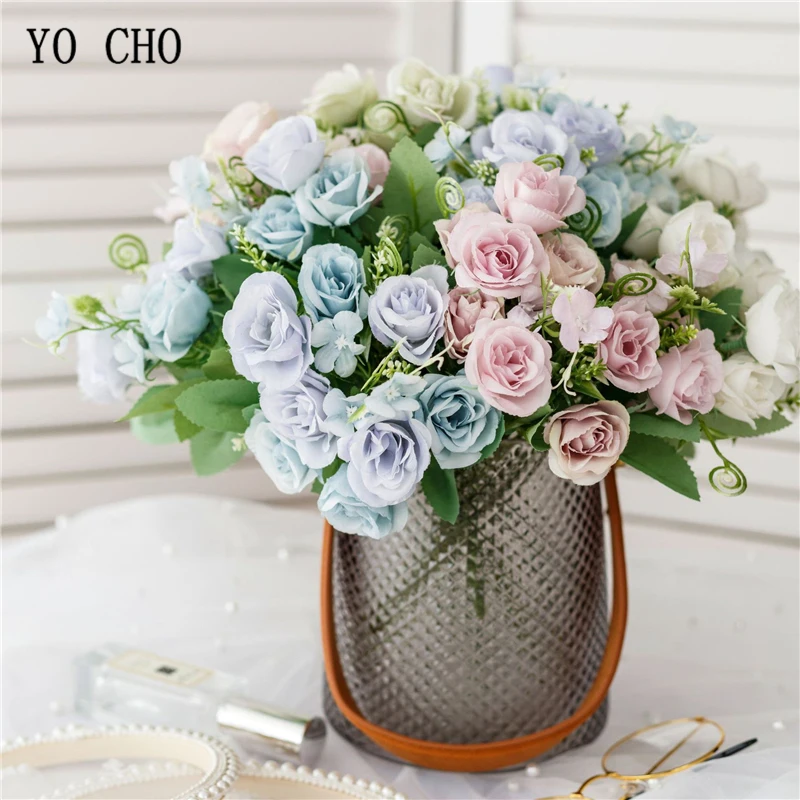 YO CHO Artificial Silk Flower Fake Rose DIY Bridesmaid Flower Mini Bouquet Champagne  Home Party Decor  Wedding Planner Supplies