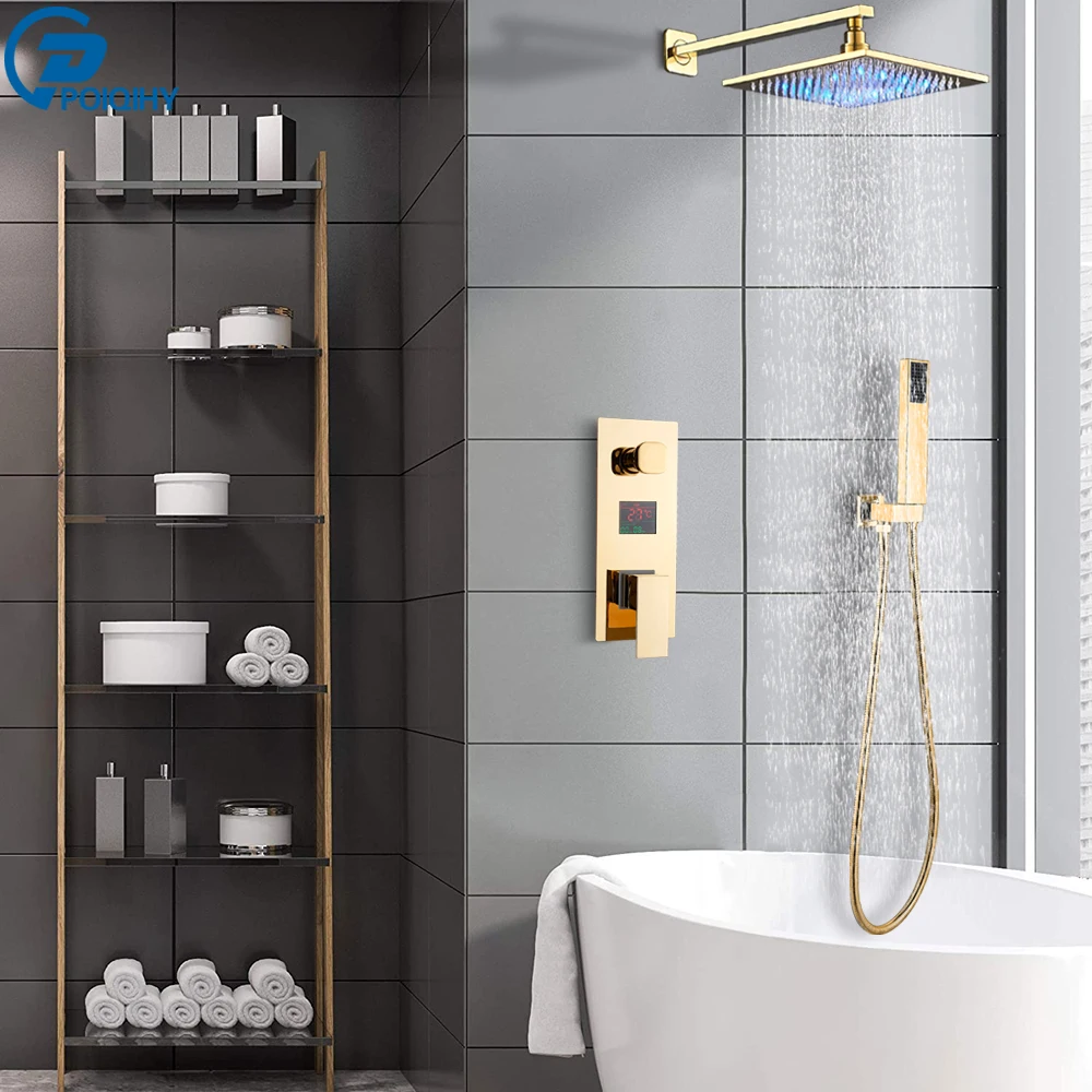 POIQIHY Digital Display Shower Faucet Golden LED Light  Shower Set Wall Mounted Temperature Show Concealed Shower Mixers Tap