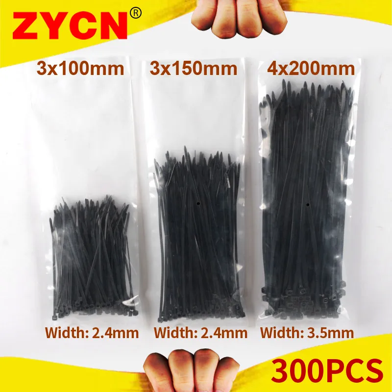 ZYCN 300pcs Plastic Cable Tie Self-Locking Black Set 3*100 3*150 4*200mm Wraps Ring Loop Nylon Wire Zip Industrial Fasteners