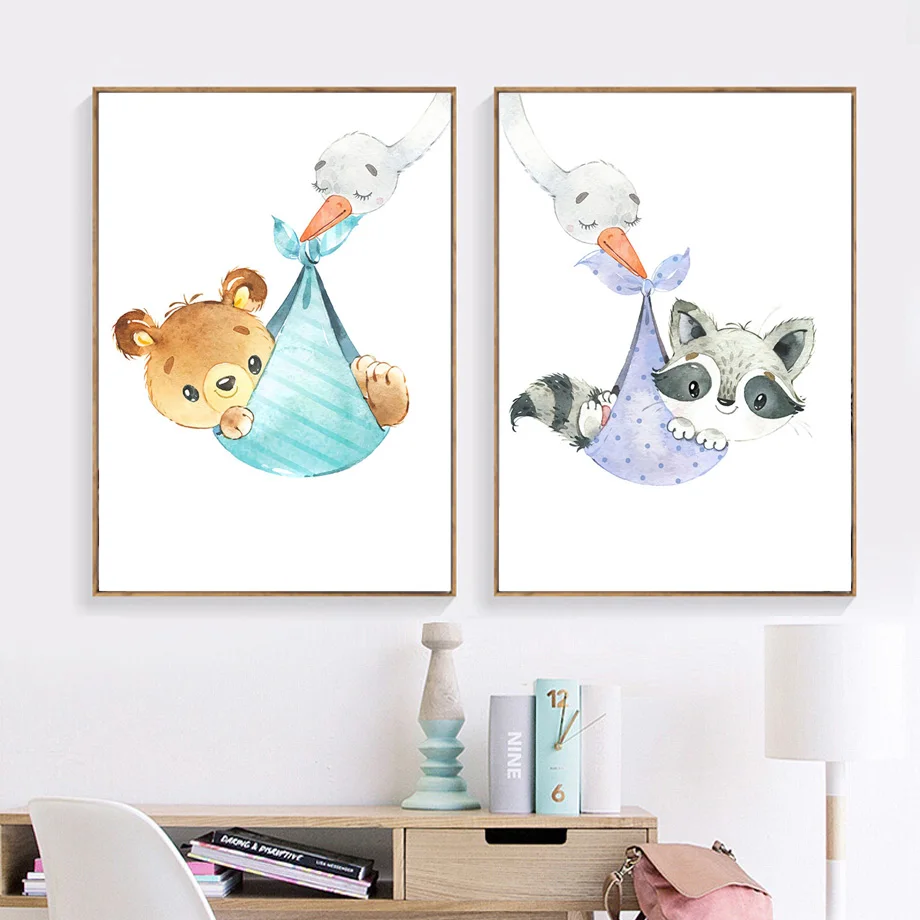 Schwan Baby Bär Kaninchen Fuchs Waschbär Wand Kunst Leinwand Malerei Cartoon Nordic Poster Drucke Wand Bilder Mädchen Junge Kinder Zimmer Dekor