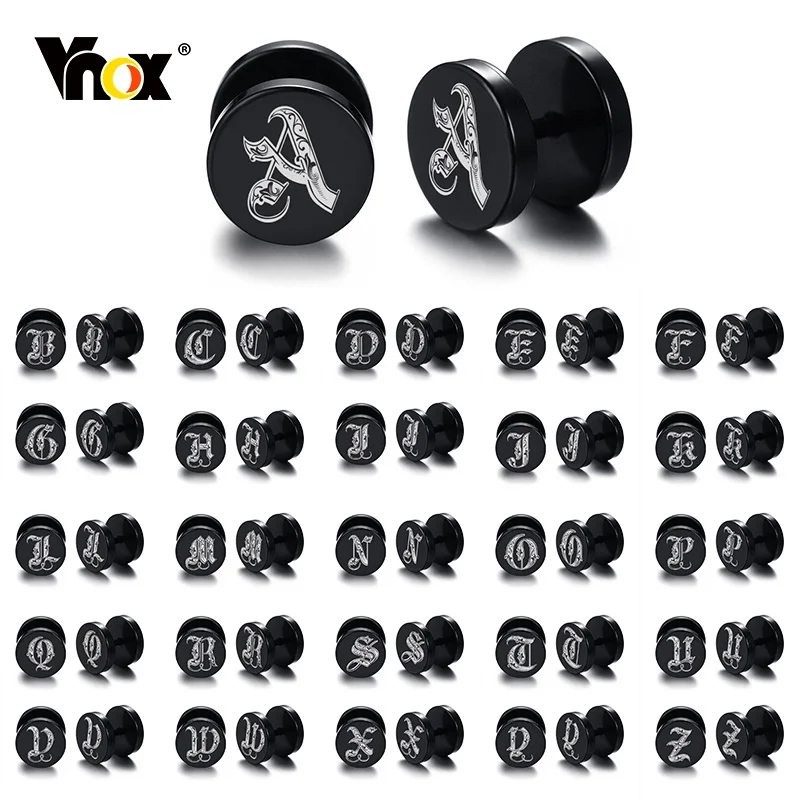 Vnox 10mm Stainless Steel Initials 26 Letter Stud Earrings for Men Women,Punk Gothic Barbell Earring with Custom Small Alphabet