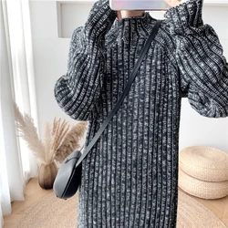 Women Autumn Winter Loose Straight Stand Collar Long Sweater Dress Thicken Basic Knitted Pullover Dresses Raglan Sleeve