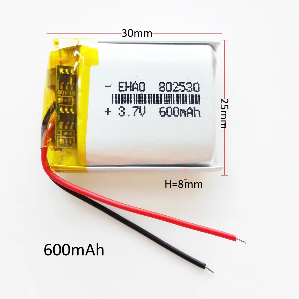 10 PCS 802530 3.7V 600mAh Lithium Polymer LiPo Rechargeable Battery For Mp3 Headphone E-book Bluetooth Camera Recorder Led Light