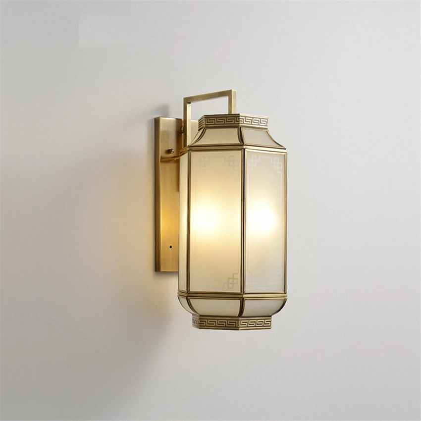 New Chinese copper glass lantern wall lamps bedroom hotel background study wall sconces lights
