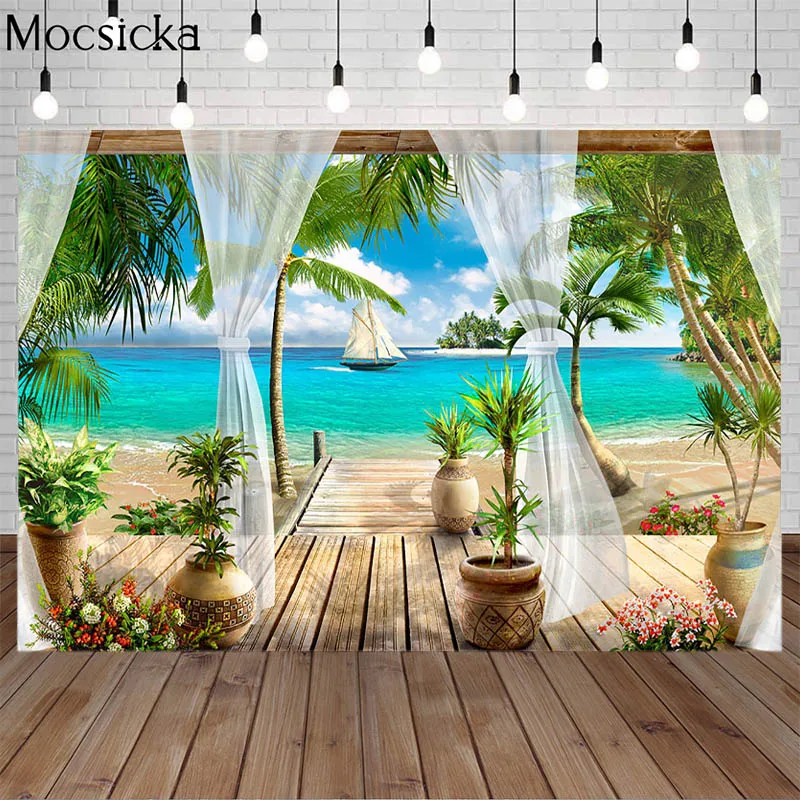 

Summer Beach Backdrops Hawaii Vacation Birthday Party Wall Paper Props Photo Studio Booth Background Tropical Coconut Tree Decor